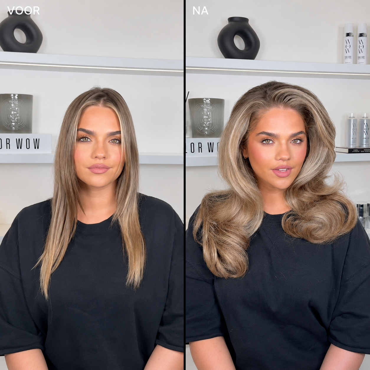Voor-en-na-foto van plat versus volumineus haar. Xtra Large Bombshell Voumizer